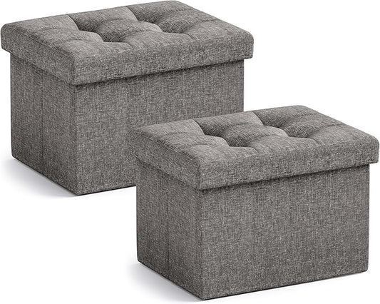 Ornavo Home Small Rectangle Ottoman Set of 2, Linen, 12x16x12, Dark Gray | Storage Collapsible Design; Foot Rest Stool Seat; Ideal for Living Room, Bedroom, Home Office or Dorm
