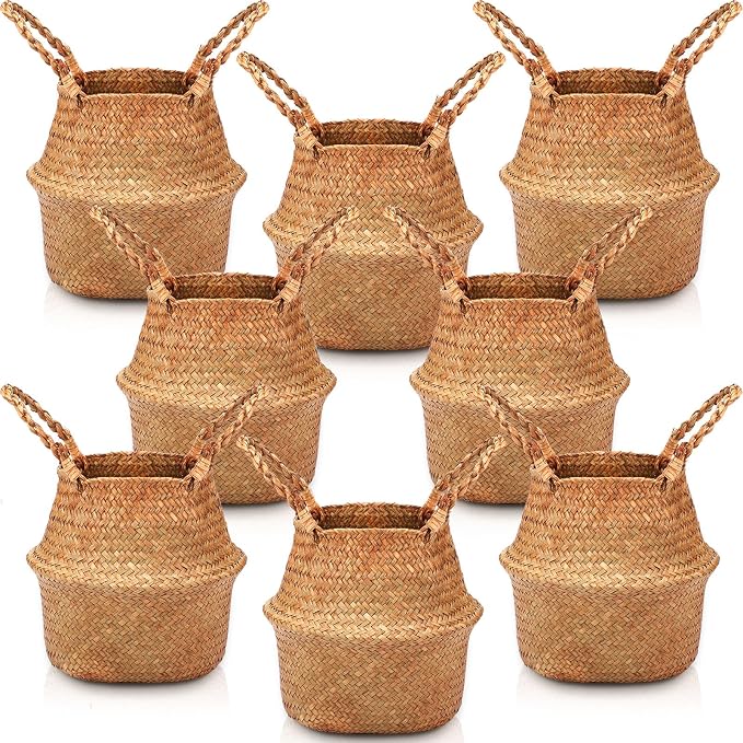 Qunclay 8 Pcs Woven Seagrass Baskets Belly Basket Folding Boho Natural Plant Pot with Handles Round Decorative Wicker Large Indoor Planter for Home Outdoor Tree Planters Decor (S,8.7''dx7.9''h)