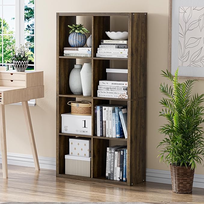 VDNEND Cube Storage Organizer Bookcase, Decorative 11 inch Open Back Cubical Shelf with Thickened Border, Display Bookshelf for Living Room, Home Office, Sturdy Room (Brown, 8 Cube)