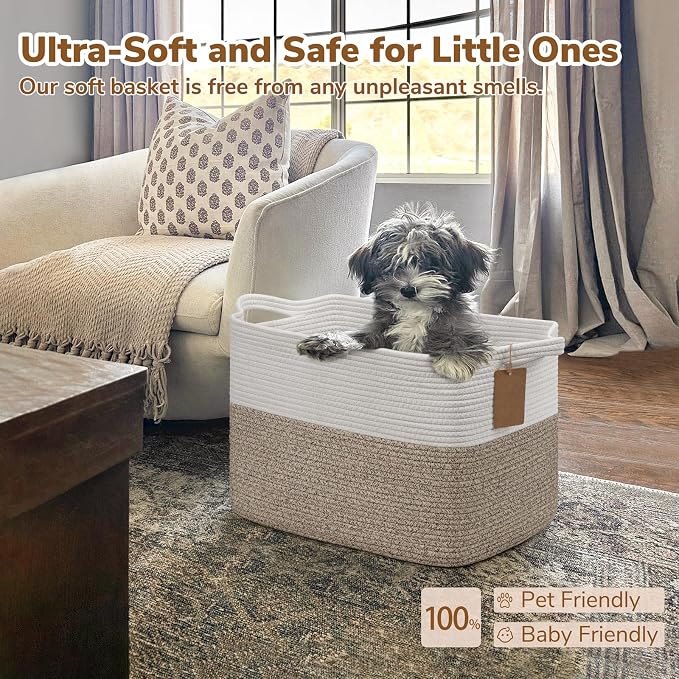Goodpick Large Woven Storage Basket, Rectangle, Light Brown | 50L, 18 × 14 × 12 in, Cotton Rope, Reinforced Handles, Blankets, Toys Storage, Living Room & Nursery Organization