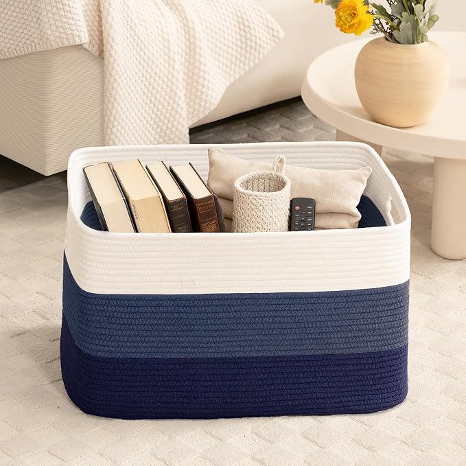 60L Woven Laundry Basket Hamper with Handles, Gradient Blue | collapsible wicker hamper, storage for dirty clothes, toys, blankets, gifts, living room, bedroom, bathroom, 21"x15"x11"