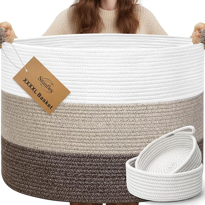 XXXXL 125L Extra Large Blanket Basket, 24.8" x 16" Jumbo Woven Basket (Includes 2 Cute Baskets), Cotton Rope Basket with Handle for Living Room, Baby Toys Nursery, Laundry (White/Gradient Brown)