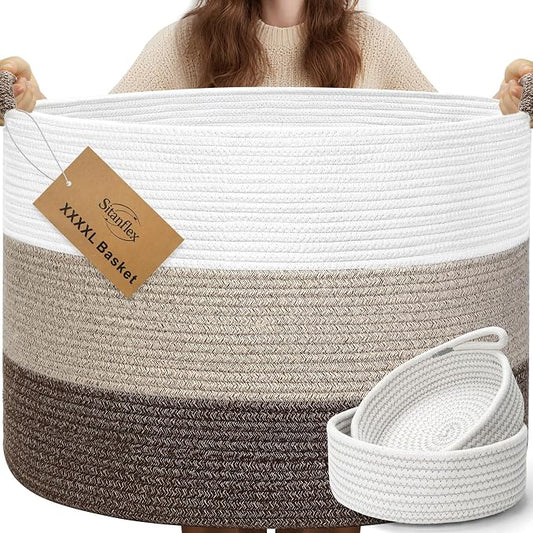 XXXXL 125L Extra Large Blanket Basket, 24.8" x 16" Jumbo Woven Basket (Includes 2 Cute Baskets), Cotton Rope Basket with Handle for Living Room, Baby Toys Nursery, Laundry (White/Gradient Brown)