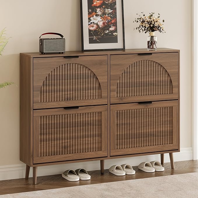 BORNOON Shoe Cabinet for Entryway with 4 Flip Drawers, Slim Wooden Shoe Storage Organizer with Modern Fluted Pannel，Freestanding Narrow Hidden Shoe Rack for Hallway, Foyer, Living Room