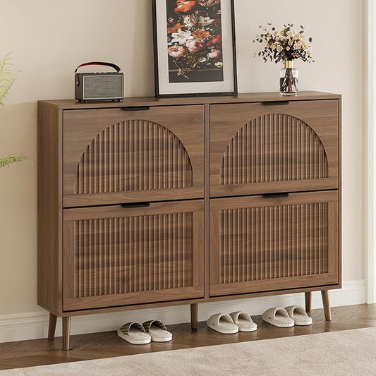 BORNOON Shoe Cabinet for Entryway with 4 Flip Drawers, Slim Wooden Shoe Storage Organizer with Modern Fluted Pannel，Freestanding Narrow Hidden Shoe Rack for Hallway, Foyer, Living Room
