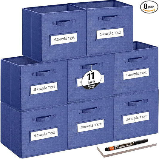 Fabric storage cubes (Set of 8) 11 Inch Cube Storage Bin, Cube storage with 8 Labels Window Cards & a Pen, Foldable cube organizer bins,11x11 Storage bin, Cubby Organizer Boxes, Navy Blue