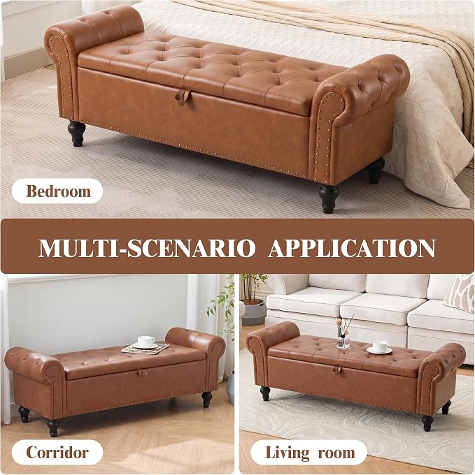 55" Storage Bench for Bedroom, Upholstered Ottoman Bench, Leather Brown | End of Bed Bench for Bedroom, Window Benches for Living Room, Entryway, Ottoman with Large Storage Space, Pet Friendly