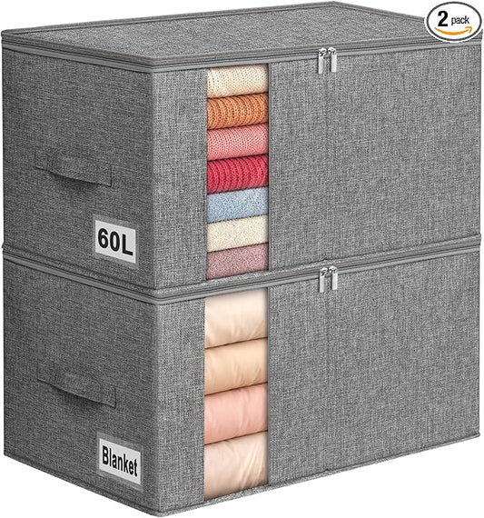 60L Rigid-Sided Blanket Storage Bags, 2 Pack, Gray | Rigid Sides and Bottom, Stackable Design, for Comforters, Quilts, Bedding, Pillows and Clothes, Closet and Dorm Organization