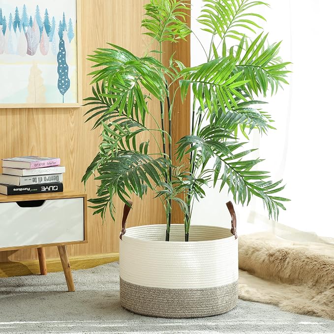KAKAMAY Large Blanket Basket (20"x13"),Woven Baskets for storage Baby Laundry Hamper,Cotton Rope Blanket Basket for Living Room, Laundry, Nursery, Pillows, Baby Toy chest (White/Beige) | Extra Large Capacity | Natural Cotton Rope | Blanket Storage | Wo...