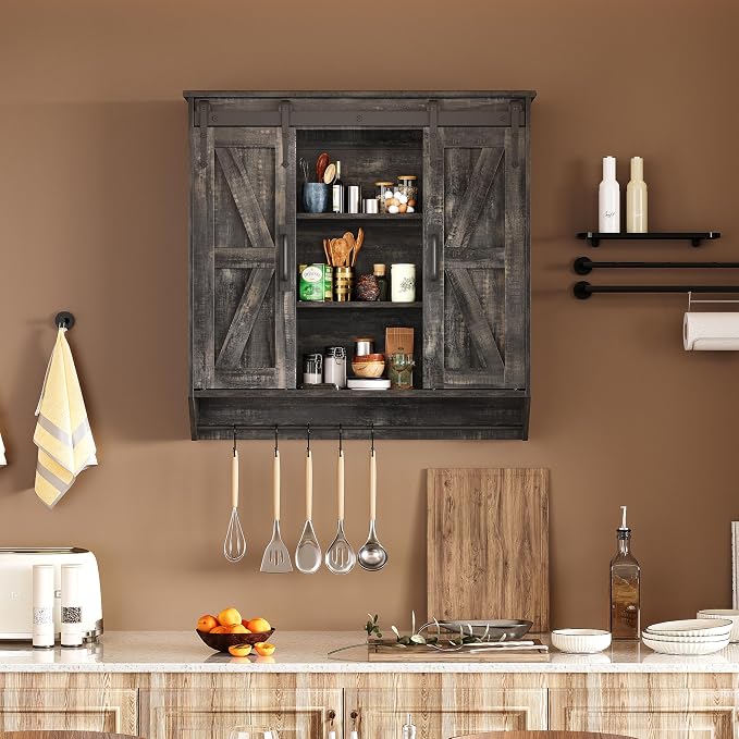 Trironsun Farmhouse Medicine Cabinet 2 Sliding Barn Doors 3 Tier Rustic Wood Wall Storage Cabinet Adjustable Shelf Towel Bar Wall Mounted Bathroom Wall Cabinet