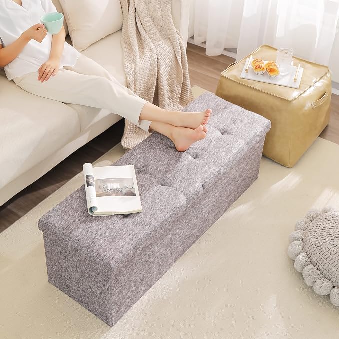 45.3 Inches Foldable Seat Footrest Shoe Bench End of Bed Storage with Flipping Lid, 166L Upholstered Tufted Bench, Linen Fabric Grey