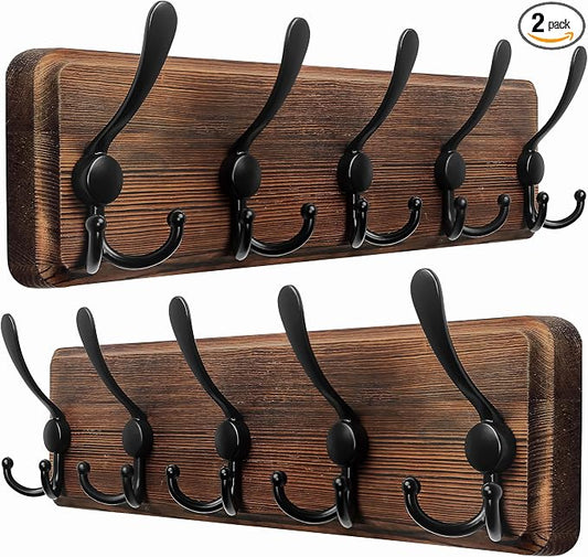 Coat Rack Wall Mounted - 5 Tri Hooks, Heavy Duty, Wooden Wall Coat Hanger Coat Hook for Clothes Hat Jacket Clothing, Natural & Black, 2 Packs