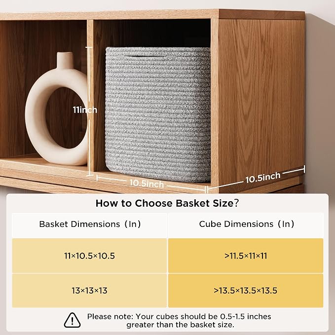 joybest 11inch Cube Storage Bins, Cotton Rope Woven Organizer Basket | Set of 4 Cube Bin Square Shelves Organizer Closet Storage, Nursery, Toy Organization, Grey