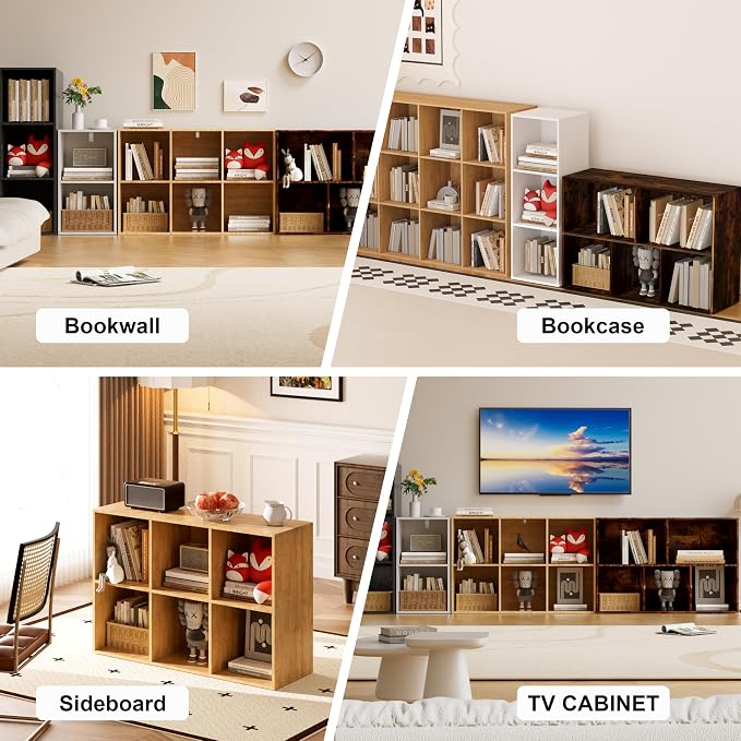 Book Shelf, Wooden Cube Storage Organizer with 11" Open Cubes, Stackable Bookcase for Room Divider Storage, 3 Tier Bookshelf for Living Room, Bedroom, Office (Indonesian Antique Oak, 3-Cube)