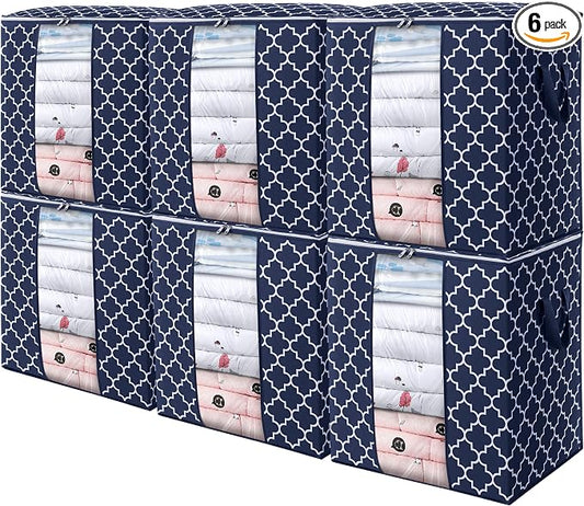 WISELIFE Storage Bags 6 Pack/100L Large Blanket Clothes Organization and Storage Containers for Comforters,Bedding, Foldable Organizer with Reinforced Handle, Clear Window, Sturdy Zippers,Blue