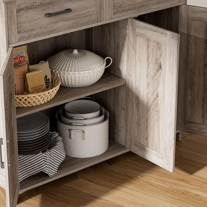 Homhedy Coffee Bar Storage Cabinet with Drawers, Kitchen Buffet Cabinet | Sideboard Cabinet with Doors, Farmhouse Buffet Cabinet, Adjustable Shelves, for Kitchen / Dining / Living Room, Greige