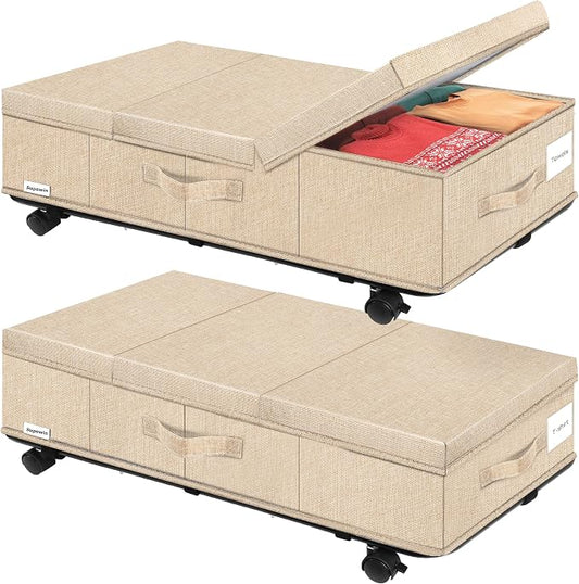 Supowin Under Bed Storage with Wheels, 2Pack Rolling Underbed Storage | 7.3 Inches Tall Under the Bed Container with Lids, Reinforced Handle, Reinforced Metal Bottom Support, 360° Rotating Wheels