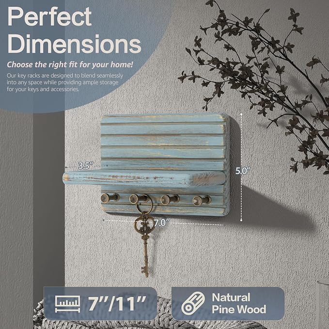 Rebee Vision Key Holder Wall Mount with Shelf & 4 Hooks for Entryway, Blue | Pine Wood, Key Holder for Wall, Mail Organizer, Room Decor, Compact Storage Accent, Home Essentials for Home Improvement