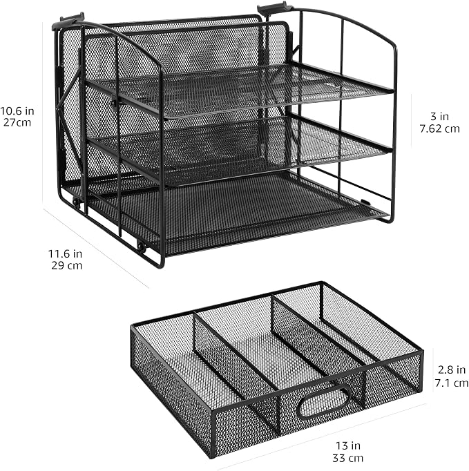 Amazon Basics Sturdy Rectangular Desktop Organizer with 3 Trays, Sliding Drawer and Hanging File Holder for Office Supplies, Black