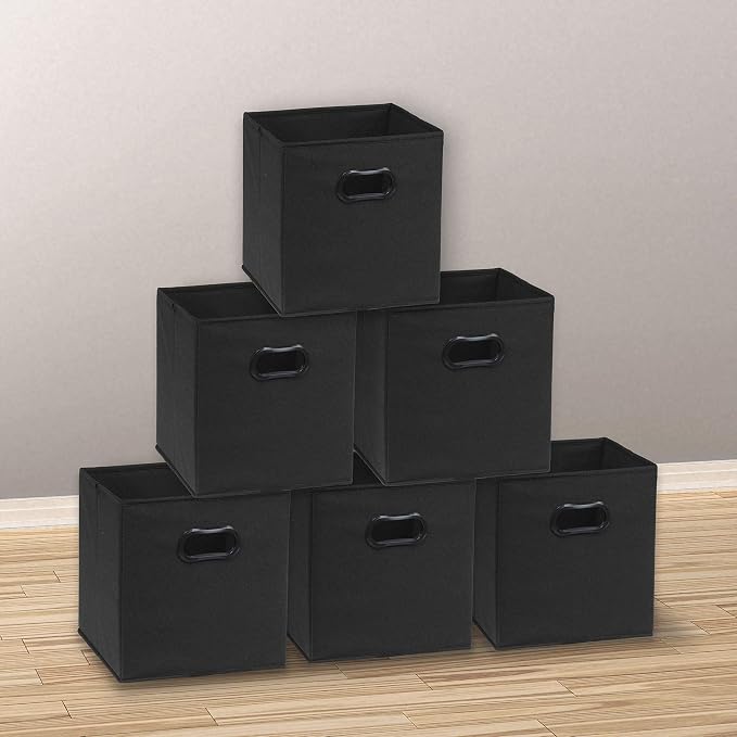 Simple Houseware 11-Inch Foldable Cube Storage Bins with Handles, Black | 6-Pack Lightweight & Durable Structure Fabric Cubes Organizer for Closet or Shelves