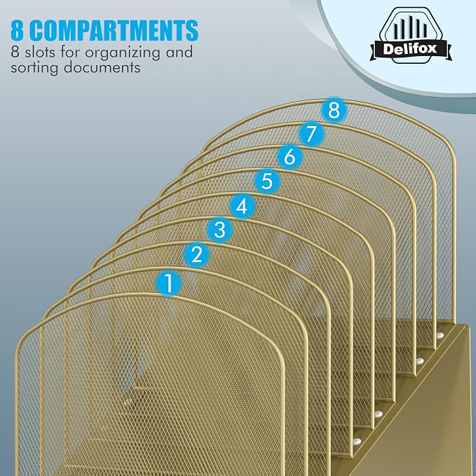 Inclined Desk File Organizer, 8-Section Upright Desk Organizer Standing File Sorter for Office Classroom Desktop Organization (Gold, 8)