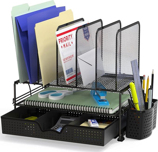 Simple Houseware Desk File Organizer for Office Supplies w/Drawer, Black | Double Tray, Pencil Holder, and 5 Upright Sections with Sliding Drawer