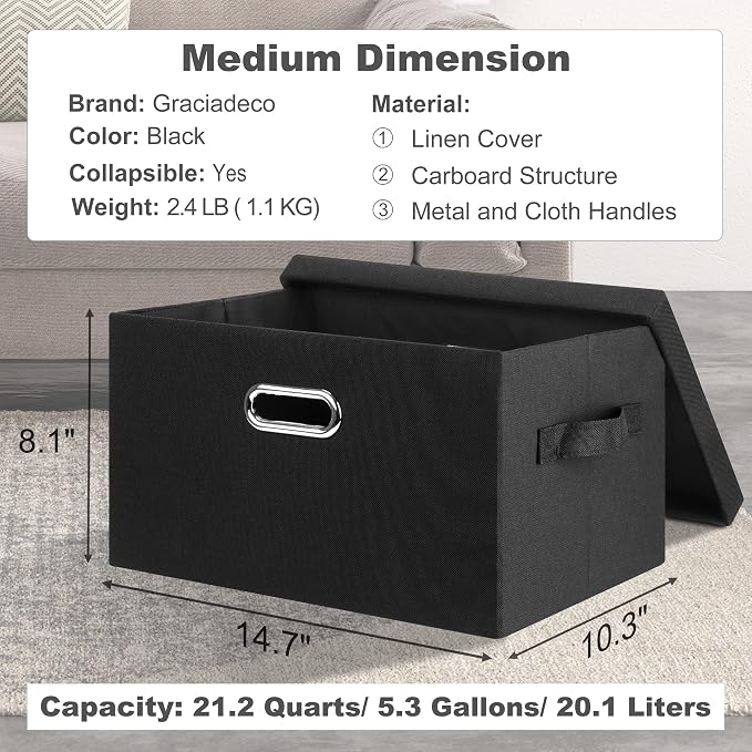 Graciadeco Medium 15" 21 Quart Collapsible Stackable Storage Bins with Lids, 3 Packs Black Foldable Fabric Closet Boxes Heavy-duty Lidded Linen Cube Basket Container Organizer and Storage for Bedroom | 21 Quart 3 Pack Black Collapsible Stackable Linen ...