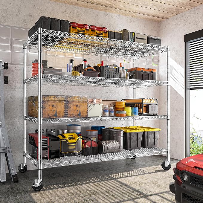 REIBII 55.5''W Storage Shelves 2500LBS Wire Shelving Unit with Wheels Heavy Duty Metal Shelves for Storage Adjustable Garage Storage Rack Pantry Shelf Kitchen Shelving, 75.6" H X 55.5''W X 24" D, 4PCS