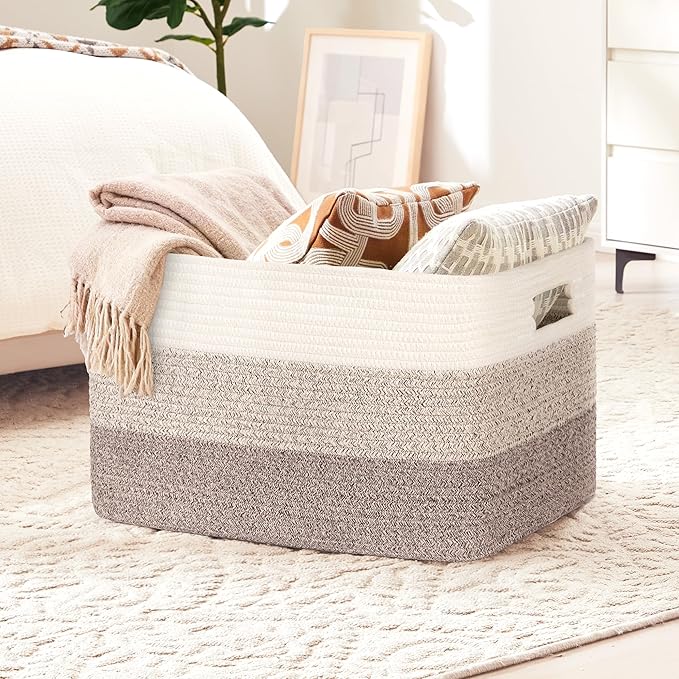 45L Small Woven Laundry Basket Hamper with Handles, Gradient Brown | collapsible wicker hamper, storage for dirty clothes, toys, blankets, gifts, living room, bedroom, bathroom, 18"x14"x11"