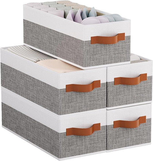 Storage Baskets Containers,White/Gray Boxes,15x6x5 In,5-Pack | Storage Basket with Double Handles,Damp-Proof PP Panel Organizer Bins,Decorative Linen Bathroom Containers