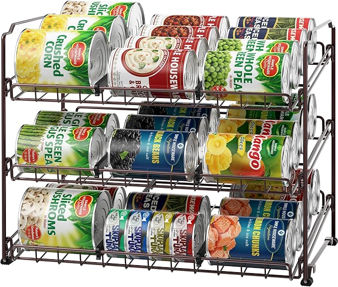 Simple Houseware 3-Tier Stackable Can Organizer Rack Hold 36 Cans, Bronze | Can Food Storage Dispenser for Pantry/Cabinet, Adjustable Dividers – 11.5" D x 17" W x 13.75" H
