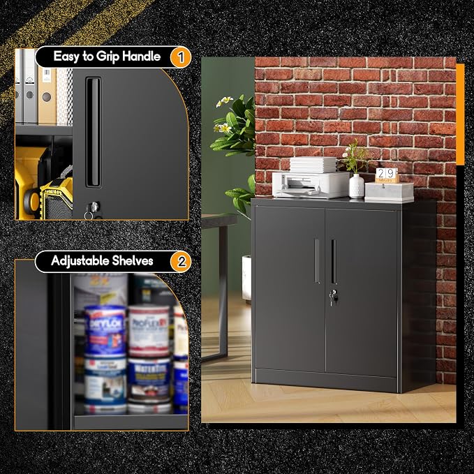 Greenvelly Metal Storage Cabinet, 36" Locking Storage Cabinet with Doors and Shelves, Lockable Storage Cabinets for Home Office, Utility Locker Cabinet, Steel Garage Cabinet with 2 Keys, Black