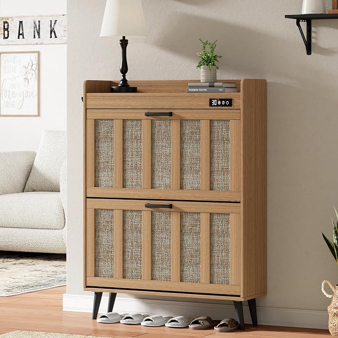 ChooChoo Shoe Storage Cabinet with 2 Flip Drawers and Deodorizer | Shoe Organizer Storage for Entryway, Freestanding Hidden Slim Narrow Shoe Rack Cabinet, Rustic Oak