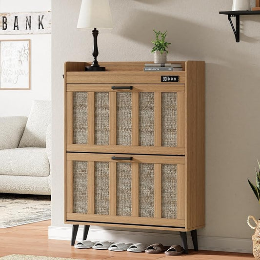 ChooChoo Shoe Storage Cabinet with 2 Flip Drawers and Deodorizer | Shoe Organizer Storage for Entryway, Freestanding Hidden Slim Narrow Shoe Rack Cabinet, Rustic Oak
