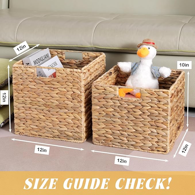 12x12x10in Water Hyacinth Storage Basket Large, Folding Cube Woven Wicker Storage Basket for Shelves, Pantry Baskets Organization and Storage, Kitchen Storage Baskets, Large Rattan Basket Set of 3
