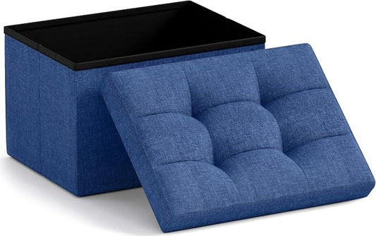 Ornavo Home Small Rectangle Storage Ottoman, Foldable Linen, 12x16x12, Navy | Collapsible Cube Design; Foot Rest Stool Seat; Ideal for Living Room, Bedroom, Home Office or Dorm