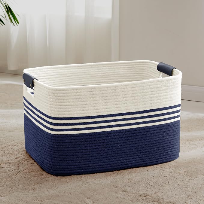 72L Large Woven Laundry Basket Hamper with Leather Handles,Navy | collapsible wicker hamper, storage for dirty clothes, toys, blankets, gifts, living room, bedroom, bathroom, 22"x17"x12"