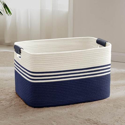 72L Large Woven Laundry Basket Hamper with Leather Handles,Navy | collapsible wicker hamper, storage for dirty clothes, toys, blankets, gifts, living room, bedroom, bathroom, 22"x17"x12"