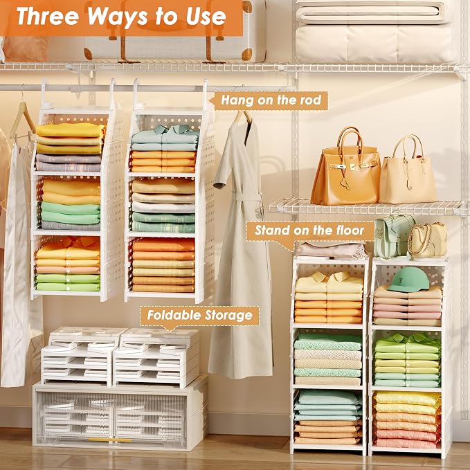 Honkazita 3-Tier Foldable Hanging Closet Organizer, White | Free-Standing Closet Hanging Organizer, For Wardrobe, Laundry Room, Plastic Hanging Closet Shelves, for Clothes, Handbags