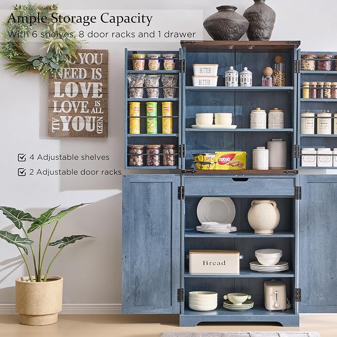 72" Tall Wooden Pantry Storage Cabinet with Door Shelves & Drawer | Farmhouse, Barn Doors, Adjustable Shelves, Freestanding, Anti-tip Kit, for Kitchen, Dining Room, Living Room