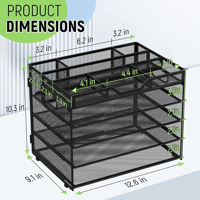 Docnest 5 Tier Mesh Desk Organizer with Removable Tray&Pen Holder, Black | Features 3 detachable pen holders and 4 removable dividers.Versatile mesh desktop storage for mail, document,office supplie