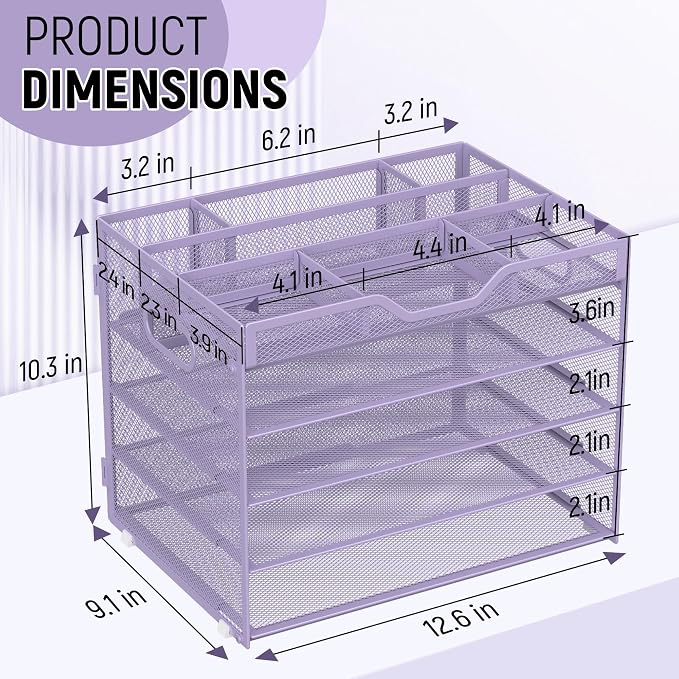 Docnest 5 Tier Mesh Desk Organizer with Removable Tray&Pen Holder, Purple | Features 3 detachable pen holders and 4 removable dividers.Versatile mesh desktop storage for mail, document,office supplie