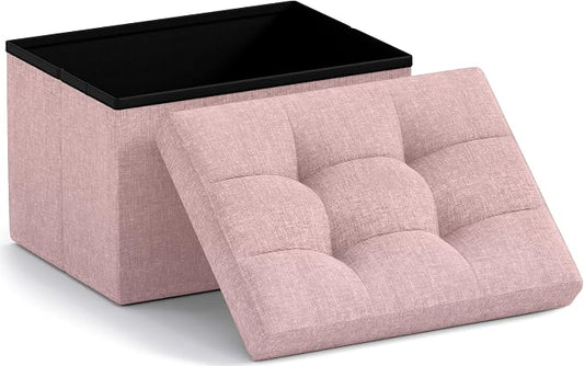 Ornavo Home Small Rectangle Storage Ottoman, Foldable Linen, 12x16x12, Pink | Collapsible Cube Design; Foot Rest Stool Seat; Ideal for Living Room, Bedroom, Home Office or Dorm
