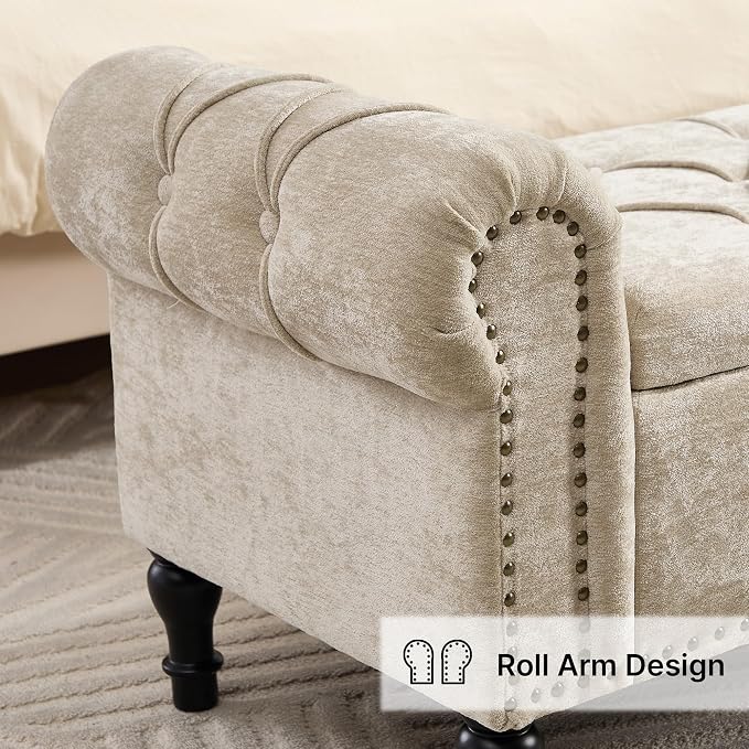 Storage Bed Bench for Bedroom, Chenille 67" End of Bed King Size Benches with Armrest, Tufted Button Upholstered Ottoman Bench for Living Room, Entryway, Khaki