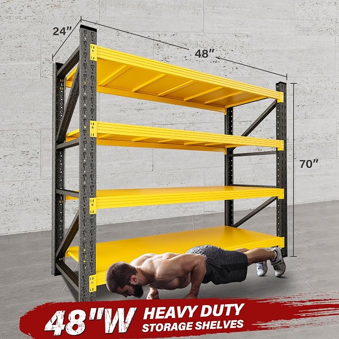 48" Wide Heavy Duty Garage Shelving Units,3000LBS Deep Storage Shelves,Yellow Metal Garage Shelves,Large Storage Rack,Steel Shelf,Industrial Shelving for Shop,Warehouse,Basement,48" W x 24" D x 70" H