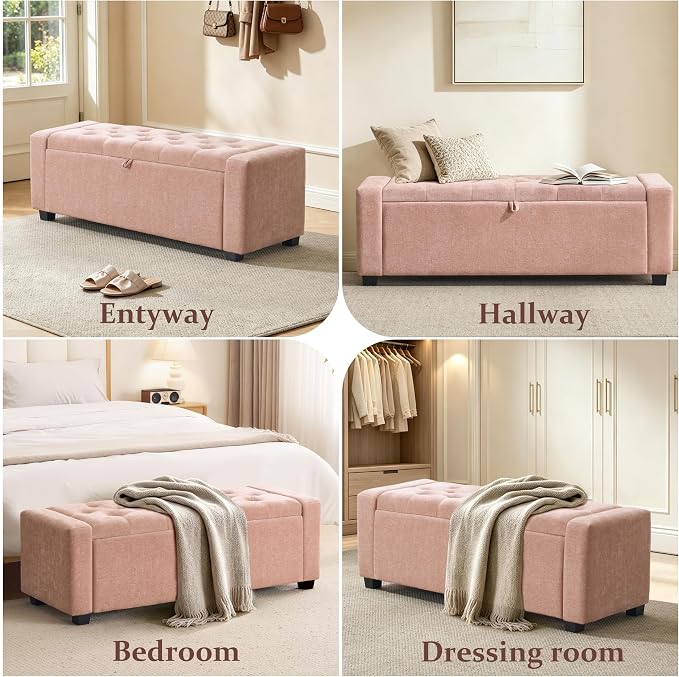 Royal Windsor 48" Ottoman with Storage,Tufted Storage Bench with Safety Hinge,Holds up to 350 lb,Upholstered Bench with Seating for Bedroom,Living Room,Entryway,Linen Pink
