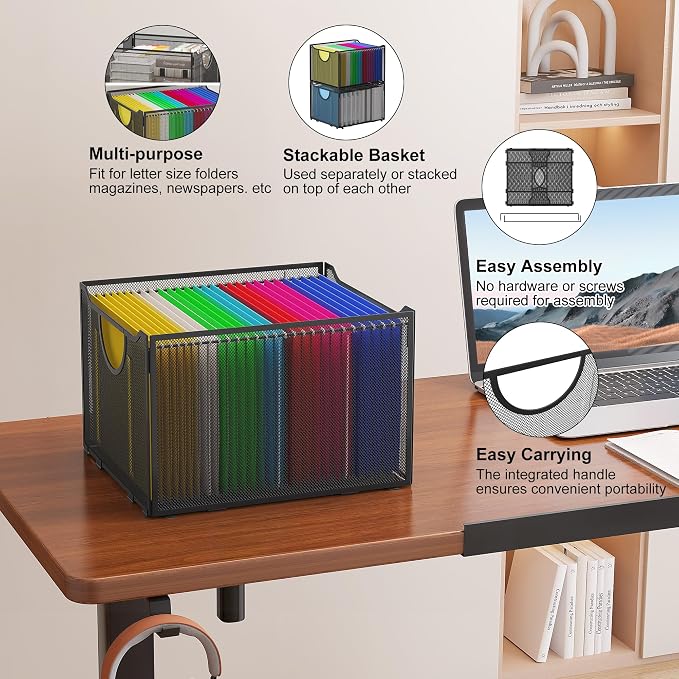 EasyPAG Hanging File Folders Organizer, Black Mesh Filing Crate, Stackable File Folder Storage Box, Desktop Document Holder for Letter Size Papers