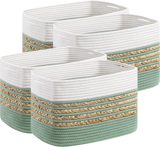 UBBCARE 4 Pack Baskets for Organizing, Woven Storage Baskets for Toys and Towel, Rectangle Cotton Rope Basket with Handles, 14''L x 8''W x9''H, Green