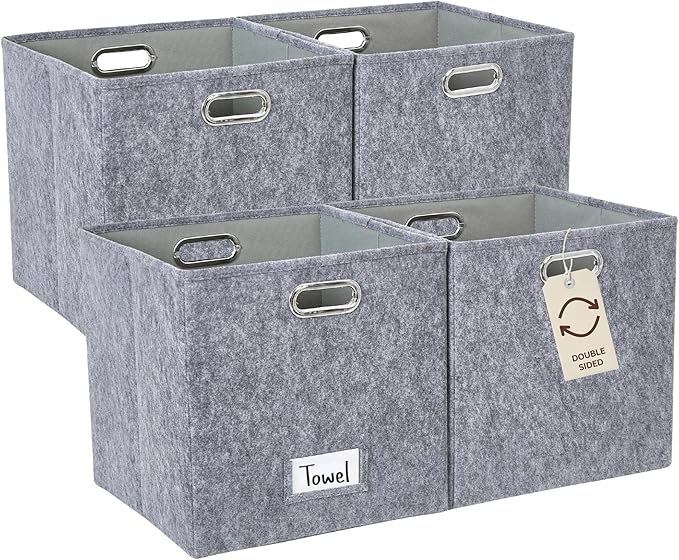 DECOMOMO Felt Storage Bins, 13 inch Cube Storage Bin with Labels | 4 Pack Storage Baskets for Shelves, Kallax (Dark Grey)