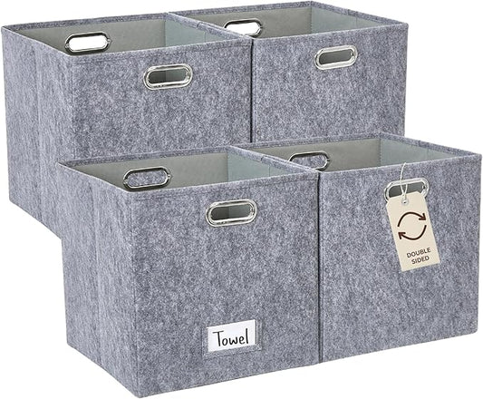 DECOMOMO Felt Storage Bins, 13 inch Cube Storage Bin with Labels | 4 Pack Storage Baskets for Shelves, Kallax (Dark Grey)